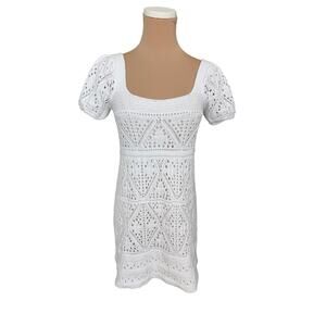 Zara White Crochet Knit Mini Dress Puff Sleeve Square Neck Lined Women’s Small
